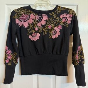 ANTHROPOLOGIE Black Top with Pink Floral Embroidery XXS